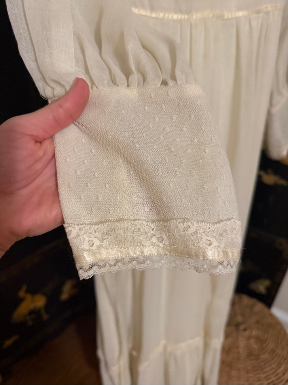 Vintage Cottagecore Lace Yoke Ivory prairie Dress with Ruffled Shoulders - Picture 5 of 11